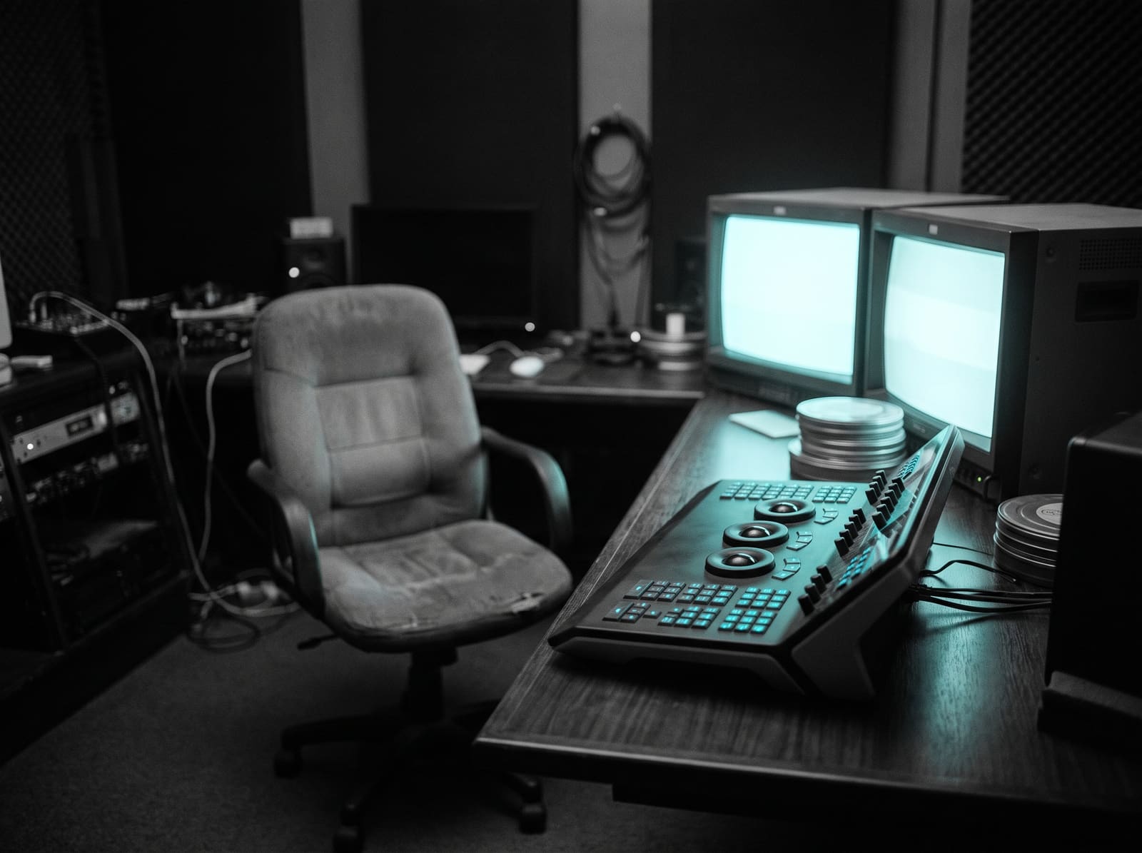 An edit suite at night, two monitors casting cyan across the desk.