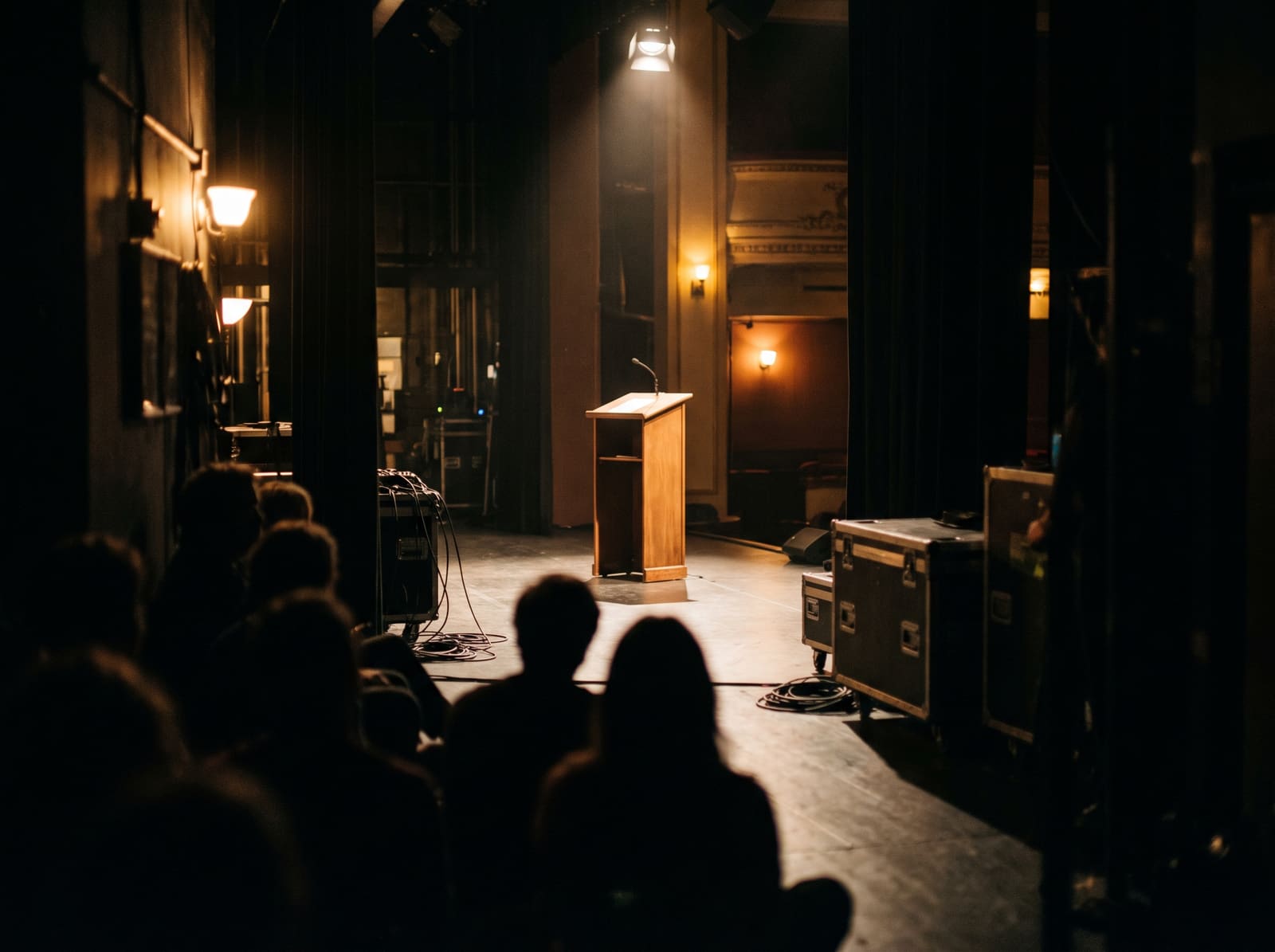 A dark stage washed in cyan light, audience silhouettes in the foreground.