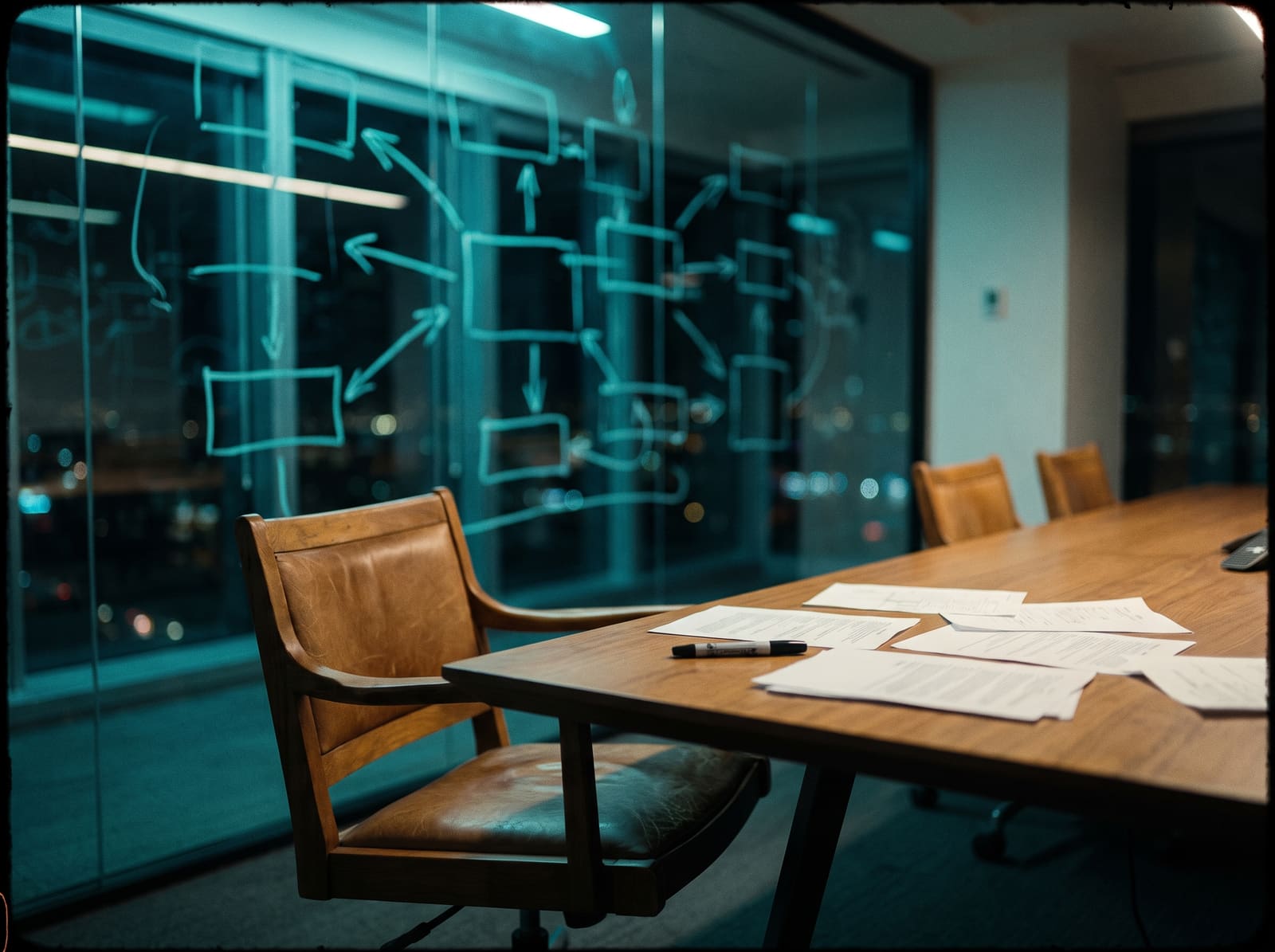 A dark meeting room at night, a glass wall of diagrams lit in cyan.